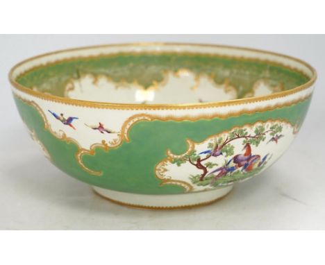 A large Worcester 'Fantastic Birds' bowl, c.1780, 28cm diameter. Condition - good, would benefit from a clean Y-shape hairlin