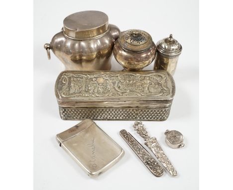 Sundry small silver including an Edwardian silver tea caddy, height 84mm, two silver condiments and four other items includin
