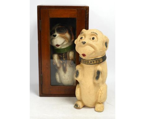 Two vintage printed card dog biscuit boxes, one with a Spratt’s collar, the other mahogany cased, 30cm high. Condition - fair