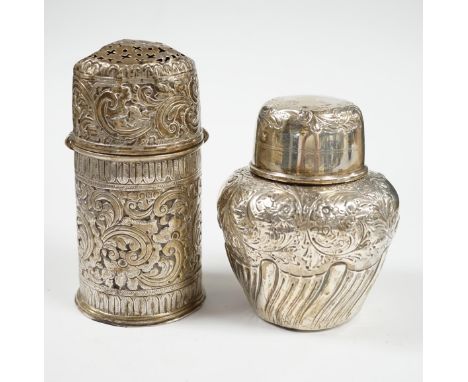A late Victorian repousse demi-fluted wrythened silver tea caddy and cover, W &amp; C Sissons, London,  1895, 10.3cm, togethe