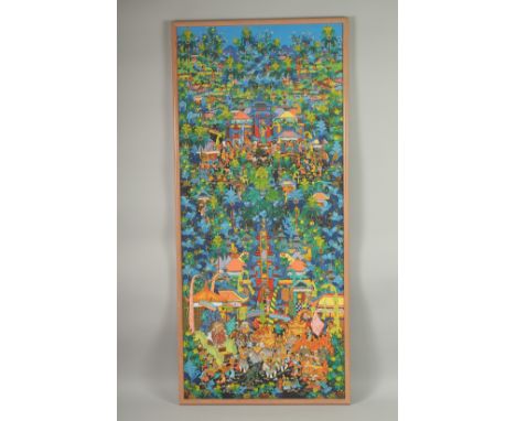 KETUT SOKI (1946-2022): An Indonesian oil on canvass painting of a busy village scene, signed, lower right: K. Soki, Penestan