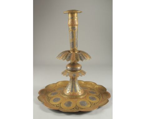 A LARGE 19TH CENTURY PERSIAN QAJAR SILVER INLAID ENAMELLED BRASS CANDLESTICK, 39cm high.