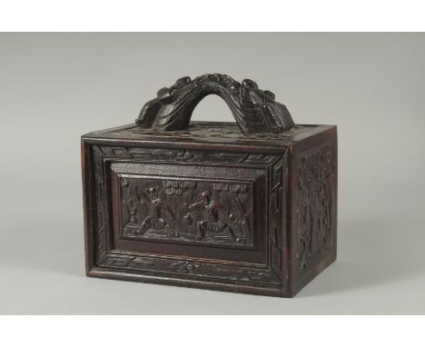 A GOOD 19TH CENTURY CHINESE MAHJONG GAME SET IN A CARVED HARDWOOD BOX, with carved bone counters, 22cm wide.