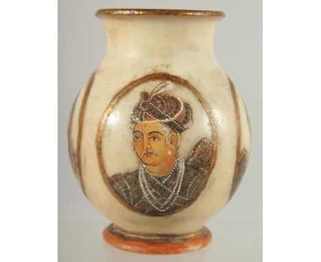 A PAINTED PORTRAIT ALABASTER VASE, 13cm high.