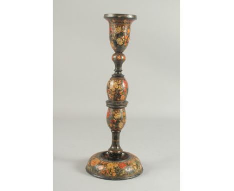 A 19TH CENTURY INDIAN KASHMIRI LACQUERED PAPIER MACHE CANDLESTICK, 39.5cm high.