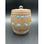 A Doulton Lambeth Silicon lidded tobacco jar marked 1881, approximately 13cm H