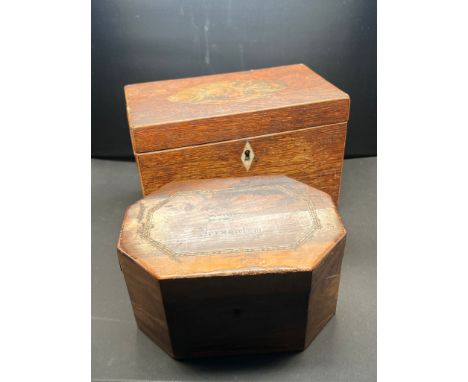 Two wooden work boxes and tea caddy 