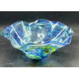 A blown Art glass bowl with wave rim and snap pontil (H11cm Dia26cm)
