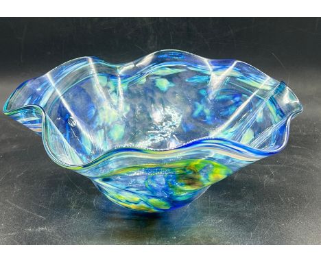 A blown Art glass bowl with wave rim and snap pontil (H11cm Dia26cm)