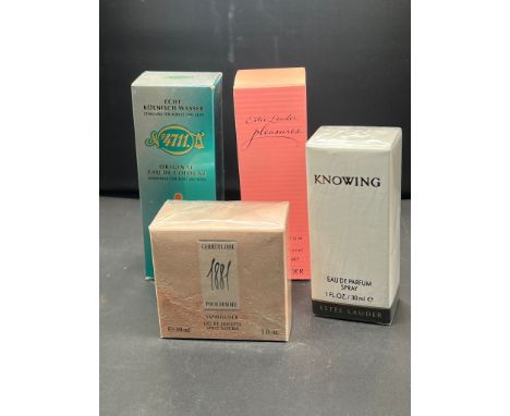 Four bottles of vintage perfumes, Cerruti, Knowing, Pleasures 