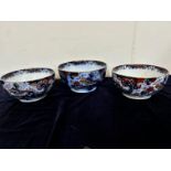 Three bowls by Ridgways England with full pattern around outside with just a boarder pattern