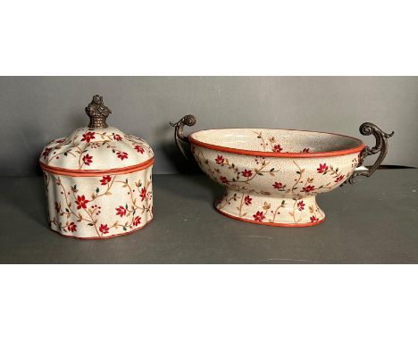 An Art Nouveau style floraly painted lidded pot and a matching two handled dish 
