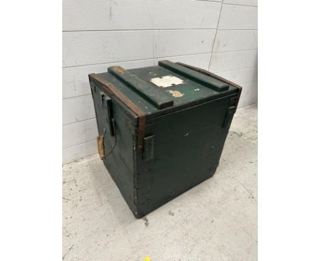 A vintage green metal banded ammunition box