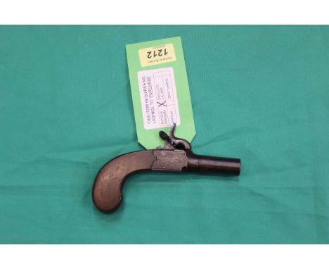 A percussion pocket pistol with slab sided one piece grip, turn off barrel and concealed trigger, lock marked Mortimer London