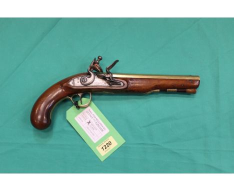 A Flintlock brass barrel pistol, approx 13" overall with an 8" barrel of approx 26 bore, a fine pistol with good lock, plate 