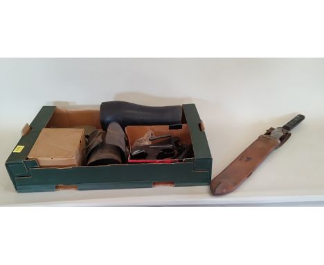A mixed lot including British machete in maker marked scabbard, WWII respirator in box and a green cloth bag marked 'From Ame
