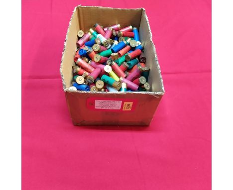 A box of approx two hundred plastic 12 bore cartridges, this item can only be purchased by someone with a current valid shotg