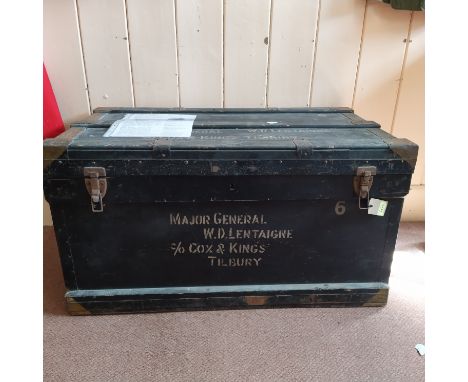 A large wooden metal bound and lined chest, 36" x 20 1/2" x 19 1/2", lid and front marked Major General W.B.Lentaigne C/O Cox