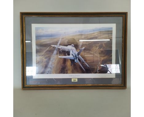 Air Force interest print 'Air Strike Over West Falkland' by Robert Taylor, signed by pilot lower right, well framed and glaze