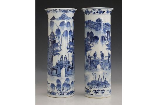 A Near Pair Of Chinese Blue And White Cylinder Vases Mark Of