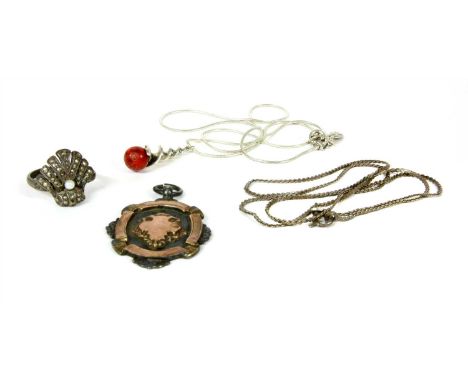 A quantity of silver and costume jewellery, to include a sterling silver fob, a silver sponge coral pendant, and a silver mar