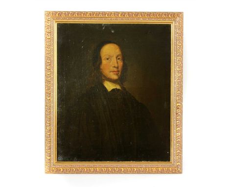 17th century, follower of Robert Walker PORTRAIT OF A PURITAN, HALF LENGTH, WEARING A BLACK CLOAK Oil on canvas 76 x 63cm