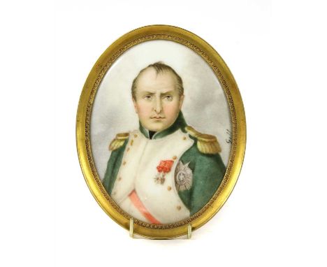 A 19th Century oval portrait miniature on porcelain, depicting Napoleon, signed Gill l.r, 9.5cm x 7cm, gilt framed