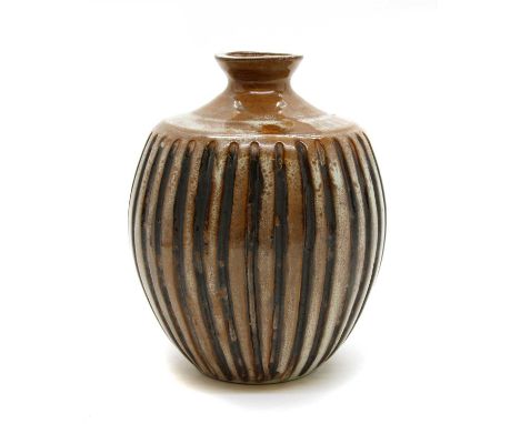 John Leach (b.1939) a Muchelney Pottery stoneware vase, having ribbed body and glazed in brown and duck egg blue, impressed m