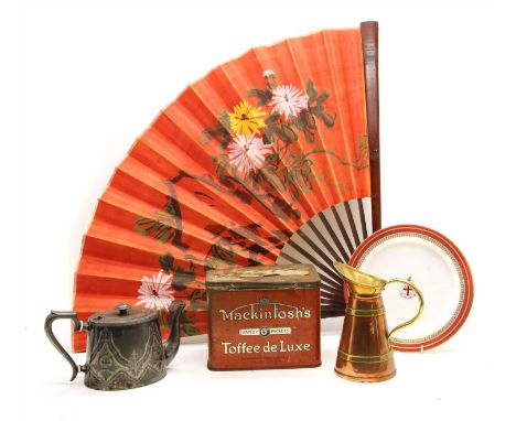 A Japanese oversized fan, with painted floral decoration, together with various spirit miniatures, pewter dishes. three Worce