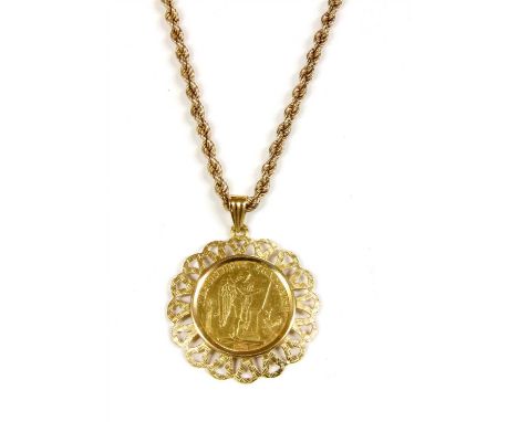 An 1896 20 Francs coin necklace, the coin bezel set to an openwork pendant mount with cross-hatch texture and articulated flu