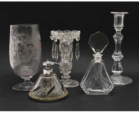 Glassware: 'Nailsea' coloured rolling pin, two Art Deco scent bottles, candlestick, etc