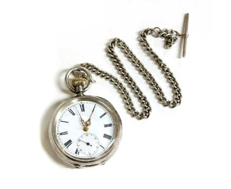 A Swiss silver pin set open-faced pocket watch, 51mm diameter, white enamel dial with black Roman numerals, gold hands, subsi