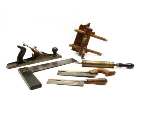Two boxes of woodworking tools, including three plough planes, Cros &amp; WT, tree saw, squares, etc.