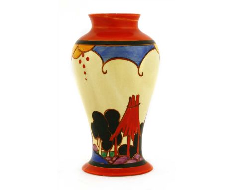 A Clarice Cliff Fantasque Bizarre 'Summerhouse' vase, printed mark and incised '14D 6', restored, 15cm high