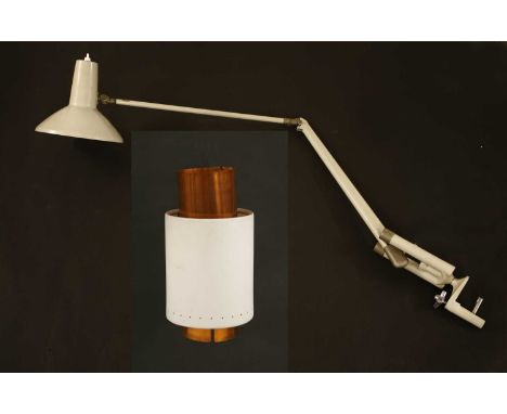 A Swedish 'Cebe' adjustable lamp, 1960s, in light grey and with a clamp-on bracket, and a Building Research Establishment cop