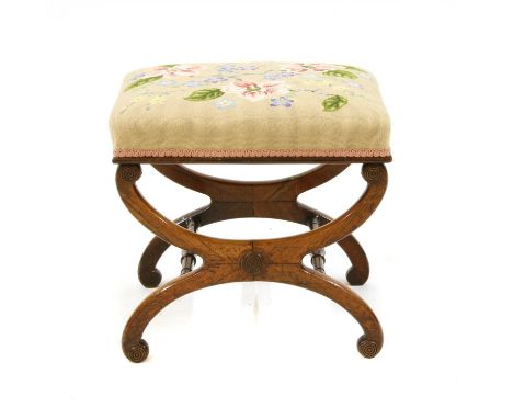 A Victorian rosewood 'X' frame stool, with tapestry seat, 47cm wide, 38cm deep, 46cm high