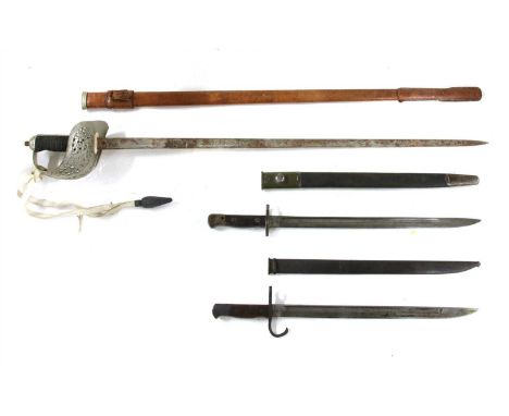 A George V Officers sword, with a leather scabbard, 101.5cm long, a 1907 pattern bayonet, and another (3)
