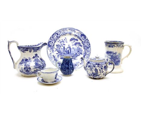 A collection of 19th century and later blue and white transfer porcelain, to include a Willow pattern tea caddy