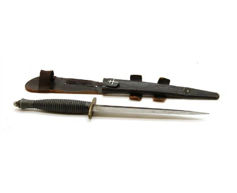 A Free French resistance badge commando dagger, in leather boot scabbard, cross of Lorraine badge fixed to scabbard, measures