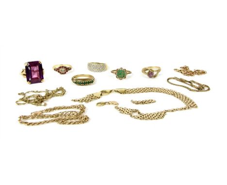 A quantity of 9ct gold jewellery, to include a diamond set dress ring, an emerald cluster ring, a single stone synthetic sapp