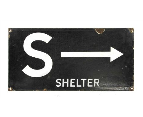A World War Two double sided air shelter enamel sign, white letters on black background, marked R&amp;A Main Ltd, 30.5cm x 61