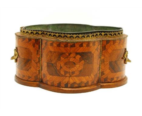 A French marquetry quatraform planter, within pierced gilt gallery, and handles, with a tin liner, 35cm wide, 24.5cm deep, 16