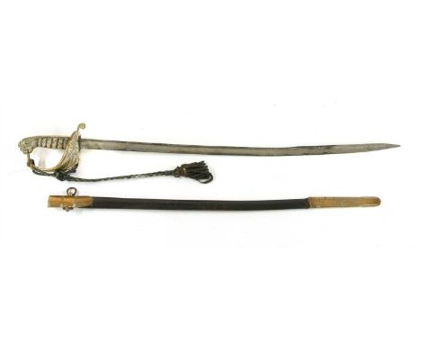 A 19th century Naval officer's sword, having brass guard and shagreen handle with brass15 mounted scabbard, stamped EE Emanue