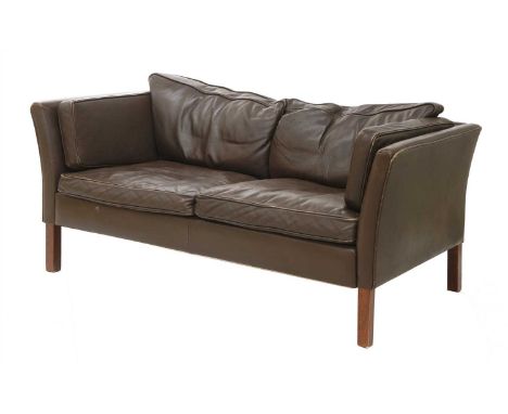 A Danish chocolate leather two-seater settee, 145cm wide, 80cm deep, 81cm high, seat 40cm high