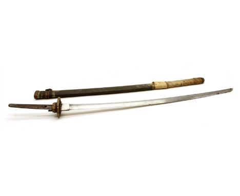 A Japanese WWII Shin Gunto and scabbard , c.1940, the tang inscribed '...?????...', lacking tsuka, 87cm long overall