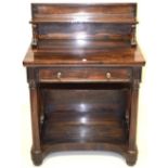 A GOOD LATE REGENCY ROSEWOOD SIDE CABINET with a shelf over a long drawer, lyre end supports, column