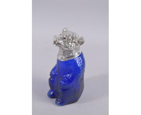A BRISTOL BLUE GLASS NOVELTY DECANTER with plated bear head. 9ins high.