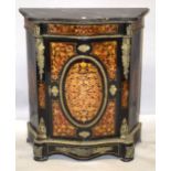 A MARBLE TOP BOULLE CABINET with large oval panel. 5ft 3ins high x 2ft 9ins wide.