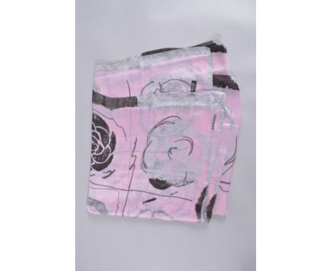 A CHANEL PINK SILK SCARF. 36ins x 36ins, in a Chanel box.