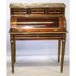 A GOOD 19TH CENTURY LOUIS XVI STYLE MAHOGANY CYLINDER BUREAU with marble top, three small drawers,